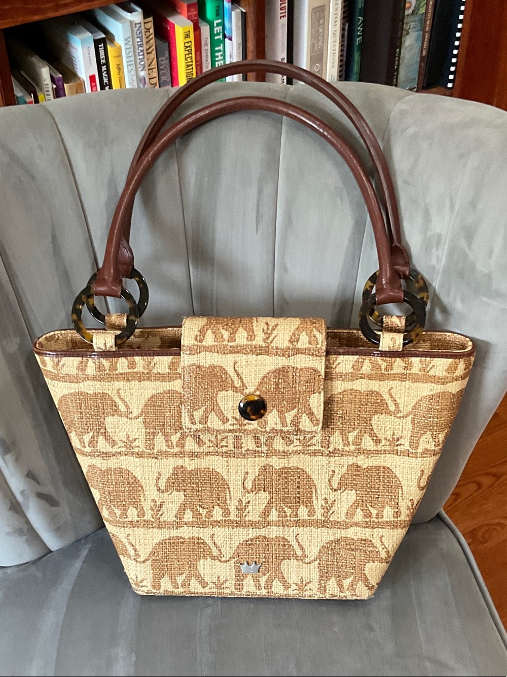Elephant-Pattern Woven Tote Bag in Beige and Brown